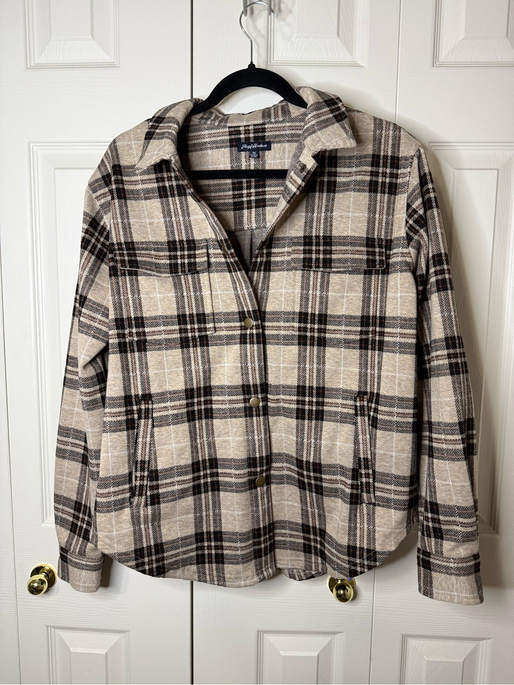 Plaid Button-Up Shacket in Beige and Brown